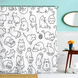 IcosaMro Duschvorhang für Badezimmer, mit Haken, Schwarz und Weiß, niedliches Kätzchen und Bunte Cartoons, lustige Dekoration, Langer Stoff, 180 x 183 cm