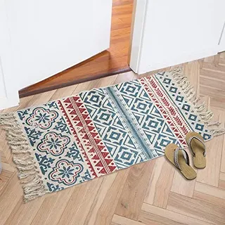 MORROWCAMP Boho Teppich klein 58 x 88 cm, Baumwolle Teppich Waschbar mit Quasten, Schmaler Kleiner Baumwollteppich für Wohnzimmer Schlafzimmer Flur, Handgewebter Boho Stil Teppich (Rot)