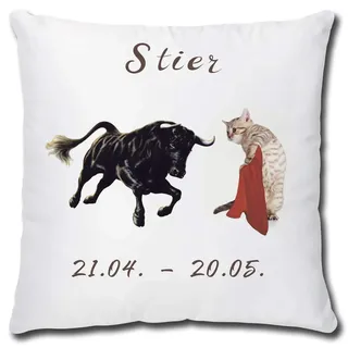 TRIOSK Kissen mit Katze Katzenmotiv Sternzeichen Stier Spruch lustig Katzen Geschenk für Katzenliebhaber Frauen Freundin Dekokissen 40x40
