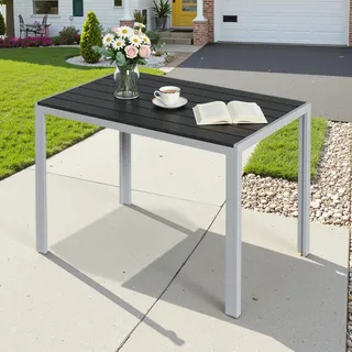 Clevich Gartentisch 110x70 cm aus Aluminium & WPC - Wetterfeste Balkontafel, hitze- und witterungsbeständig für Terrasse und Garten (Silber + schwarz)