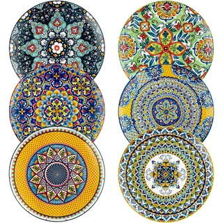 HENXFEN LEAD Speiseteller Porzellan, 27 cm Bunt Frühstücksteller Keramik Dessertteller, 6 Stück Große Runde Teller Set mit Muster und Bunte Farbig - Bohemian Style