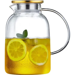 MESNEY Karaffe 2 liter, Wasserkaraffe, Glaskaraffe mit Deckel und Auslauf, Borosilikatglas Wasserkaraffe, Spülmaschinenfest, Getränkekanne für hausgemachten Eistee und Saft