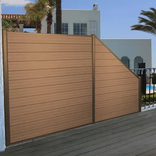 WPC-Sichtschutz Sarthe, Windschutz Zaun, Alu-Pfosten 2er Set schräg, 2,82m teak - Braun