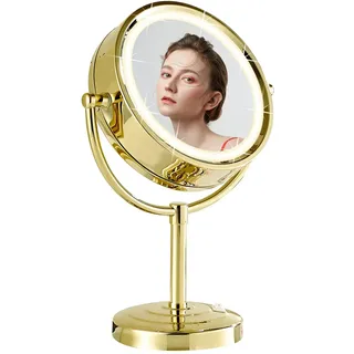 DOWRY Kosmetikspiegel Stehend Tischspiegel mit Beleuchtung Vergrößerungsspiegel 5X Schminkspiegel Gold Doppelseitige Spiegel,Ø21.5 cm