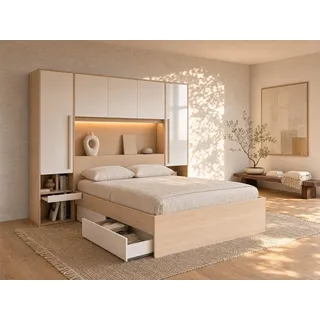 Bett mit Stauraum + Lattenrost + Matratze - 160 x 200 cm - Mit LED-Beleuchtung - Holzfarben & glänzend weiß - VELONA