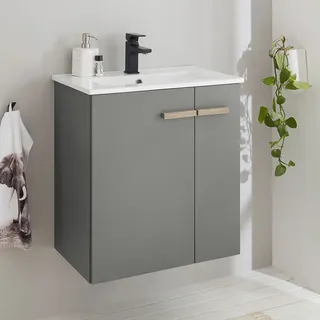 Waschtisch hängend anthrazit matt mit Eiche Nb. 60 cm breit SKOPJE-61 inkl. Keramik Waschbecken und Apothekerauszug, B/H/T: ca. 60/67/40 cm - Grau
