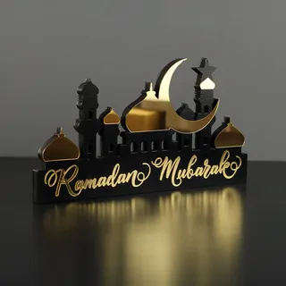 iwa concept Islamische Tischdekorationen aus Holz mit Acryl, Ramadan-Kareem-und Eid-Mubarak-Dekoration, islamisch muslimische Geschenke, Ramadan Mubarak, Gold