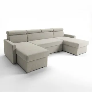 Sofiland Vega U Wohnlandschaft mit Bonell-Federkern & Schlaffunktion, 2 Bettkasten, Ecksofa U-Form, Samt-Stoff Best, 305x151 cm (Hellbeige) - Beige