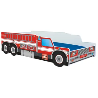 Autobett 70x140 cm Spielbett Kinderbett mit Rausfallschutz und Lattenrost 140x70 cm Feuerwehr Auto Bett Kinder Wagen - Rot