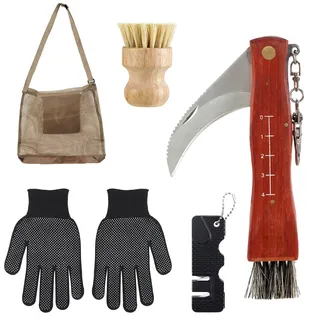 Pilzmesser mit Bürste, Tragbar Pilzsammler Set Edelstahl Pilzsammler Messer mit Handschuhe Pilzbürste Pilzsammeltasche Messerschärfer Pilztasche Schwammerlmesser mit Pinsel Pilzmesser Set, 6 Stück