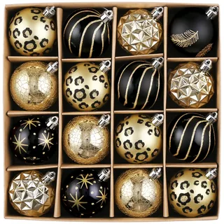 Valery Madelyn Weihnachtskugeln, 16 Stücke 6cm Christbaumkugeln Kunststoff Weihnachtskugel Weihnachtsdeko mit Aufhänger Geschenkpaket Weihnachtsbaumschmuck Schwarz Gold Thema