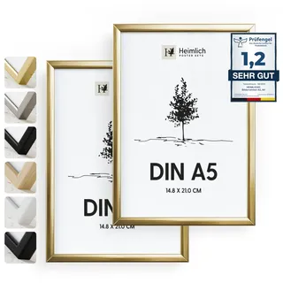 Heimlich® - Bilderrahmen - A5 14,8 x 21 cm, Aluminium, Metall, Gold, 2er-Pack – Diplom-Poster-Collage-Rahmen mit Folienabdeckung – Wandmontage oder Tischaufsteller
