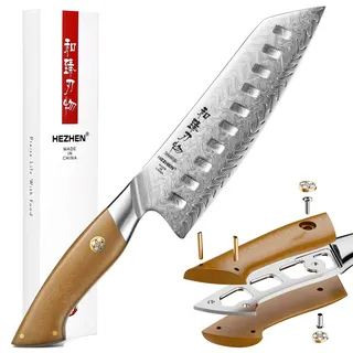 HEZHEN Santokumesser Damast,Japanischer Stil Kochmesser,Gyutomesser | 67 Lagen Damaststahl,10Cr15CoMoV Stahlkern,Full Tang Griff aus Leinen Micarta,Ultra-Scharfe,für Links- und Rechtshänder
