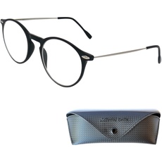 Mini Brille Leichte Anti Blaulicht Brille Lesebrille mit Runden Gläsern, Gratis Etui, Kunststoff Rahmen (Schwarz) mit Metall Bügeln, Blaulichtfilter Brille Damen und Herren 2.0 Dioptrien