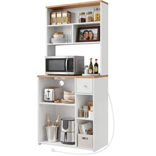YITAHOME küchenregal mit Steckdose, 2 AC-Steckdosen, 2 USB-Anschlüssen, kaffeebar arbeitsplatte, Regal küche mit schubladen,schmales Regal 75 cm breit, Mikrowellenregal, 75x40x170 cm, Eiche und Weiß