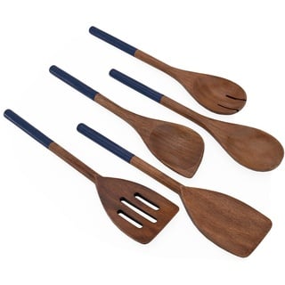 Chef Pomodoro Kochlöffel Holz 5er Set – Kochlöffel Set aus Akazienholz – Holzkochlöffel Set -Kochlöffel Set – Holzkochlöffel - Pfannenwender Holz – Spitzkochlöffel - Rührlöffel (Dunkelblau)