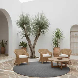 Tadi & Imperio1979 Runder Teppich für den Innen- und Außenbereich, Teppich ohne Flor, Anthrazit, Durchmesser 150 cm, Teppich aus Synthetikfaser für Wohnzimmer und Terrasse