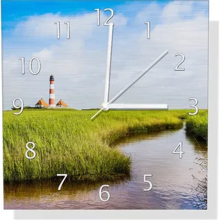 Wallario Design Wanduhr Kleiner Bach durch Schilf auf dem Weg zum Leuchtturm aus Aluverbund, Größe 30 x 30 cm - Schwarz