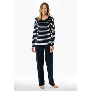 Schlafanzug SCHIESSER "Casual Essentials", Damen, Gr. 50, blau (804, nachtblau), Single Jersey, Obermaterial: 100% Baumwolle, gestreift, unifarben, bequem lang, V-Ausschnitt, Homewear-Sets Schlafanzug, Baumwolle, V-Ausschnitt, langärmelig