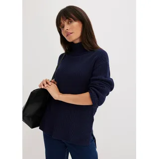 Rollkragenpullover BONPRIX "Rollkragenpullover aus reiner Baumwolle", Damen, Gr. 48/50 (XL), blau (dunkelblau), Grobstrick, Obermaterial: 100% Baumwolle, unifarben, oversize Po-bedeckend, hoch geschlossener Ausschnitt, gerader Abschluss, Pullover Rollkragenpullover, im Grobstrick aus Baumwolle, Seitenschlitze, hinten länger geschnitten
