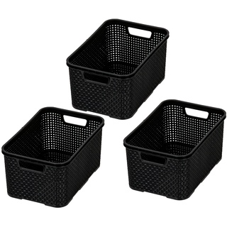 BranQ - Home essential Korb in Rattan Design 3er Set Grösse M 10 l, BPA-frei Kunststoff PP, Schwarz, 28,8x19,7x16,2 cm, 3 Stk.