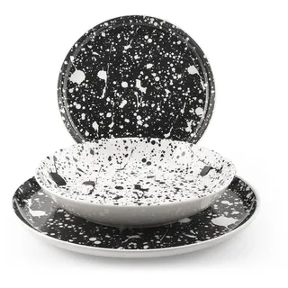 H&H, Tafelservice Noir, 18-teiliges Set, Teller mit schwarz-weißem Spritz-Design, Steinzeug, spülmaschinenfest