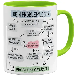 OM3® lustige Kaffee-Tasse mit Spruch - Problemlösung auf der Arbeit - Problemlöser - Keramik Becher - 11oz 325ml - Beidseitig Bedruckt - Hellgrün