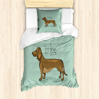 ABAKUHAUS Dackel Bettbezug Set für Einzelbetten, Niedliche Minimal Rassehund, Milbensicher Allergiker geeignet mit Kissenbezug, Türkis Anthrazit grau Kakao - Türkis