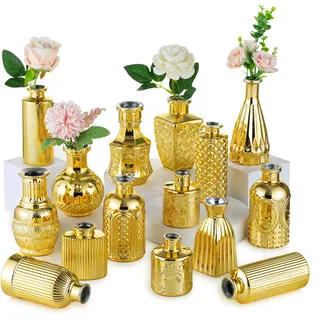 NUPTIO Glas Vase Hochzeit Tischdeko: Satz von 15 Kleine Gold Glasvasen Mini Blumenvase Vintage Tischvasen Antik für Hochzeitsdeko Geburtstag Party Wohnzimmer Deko