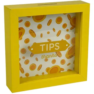 Spardose mit dekorativem Rahmen, Gelb, 16 x 16 cm, Design mit Münzen und Schriftzug Tips