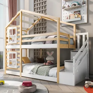 Merax Etagenbett 90x200cm mit Treppe und Dach, Hochbett mit Rausfallschutz, Stockbett Hausbett Massivholz Kinderbett mit Lattenrost für 2 Kinder, Weiß - Naturbelassen, Weiß