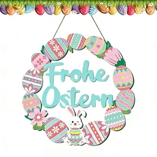 Osterdeko Holz Kranz 28cm zum Aufhängen - Großer Bunter Osterkranz mit Hasen & Ostereiern - Frohe Ostern Schild für Tür, Fenster & Wand - Deko Indoor & Outdoor