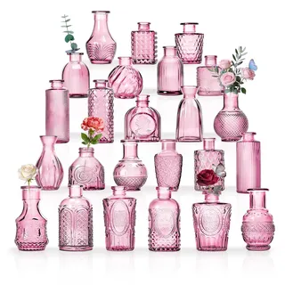Kleine Glasvasen Set von 24, für Tischdekoration, Hochzeit, Empfang, Zuhause, Vintage-Flaschen, Transparent, Dekorative Glasvasen mit Deckeln (24, Rosa-Orange)
