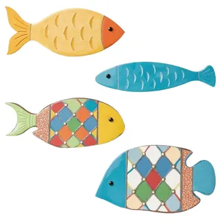 TEOZBLU 4 Pcs Maritime Deko, Maritime Wanddeko für Wohnzimmer, Wanddeko Holz, Wand Deko Holz Fisch Set, Wanddekoration aus Holz mit Fischen, Schlafzimmer, Badezimmer, Ferienhaus,Küsten Deko,Achterbahn