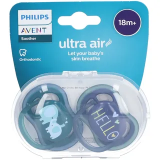 Philips Avent ultra air Schnuller - Hello 18 Monaten, inklusive Transport- und Sterilisationsbox, Elefanten/Hello (Modell SCF349/18)