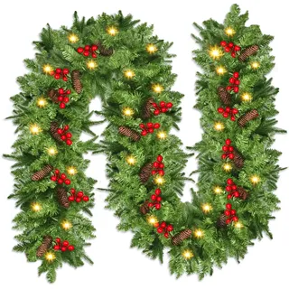 NUZEKY Weihnachtsgirlande, 2.7M/9Ft Tannengirlande mit 30 LED Beleuchtung, Girlande Weihnachten Weihnachtsgirlande Aussen mit Blumen Kugeln für Indoor Außen Kamin Treppe Mantel Urlaub Weihnachtsdeko