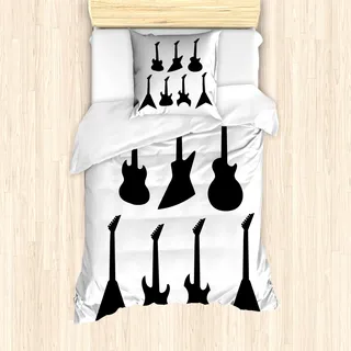 ABAKUHAUS Rockmusik Mantele, Gitarren-Silhouetten, Milbensicher Allergiker geeignet mit Kissenbezügen, 135 cm x 200 cm - 80 x 80 cm, Schwarz-Weiss - Schwarz