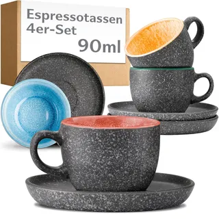 Cosumy 4er Set Espressotassen Bunt 90ml Steingut – mit Untertassen – Mokka | Handgefertigt mit reaktiver Glasur, dickwandig hält Espresso lange warm, Mokkatassen-Set für 4 Personen
