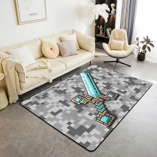 Manfei Blaues Pixel Schwert Bereich Teppiche,Miners Themenspiele Rutschfester Teppich Graues Pixelgitter Indoor Fußbodenmatte Home Wohnzimmer Dekor,150 x 200 cm