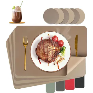 HELI MIAO Tischsets Abwaschbar,Platzsets Abwischbar,Tischset Leder,Hitzebeständig Doppelseitigen I 6er Set Platzdeckchen Lederoptik mit Untersetzer,Tischuntersetzer,Platzdecken(braun+Tan)