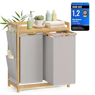 Songmics Wäschekorb 2 Fächer, Bambus, Wäschesammler 100 L, Wäschesortierer, mit Ablage, Wäschesack, kleine seitliche Taschen, Wäscheregal, 2 x 50 L, 63 x 33 x 78 cm, rauchgrau RLH100G02