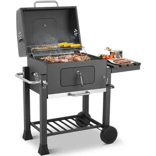 Grillwagen XXL - Holzkohlegrill auf Rädern - Schwerer Stahlgrill - Mit Flaschenöffner und ausziehbarer Aschewanne - Ablagen und Haken - 116x55,7x100 cm - Grau