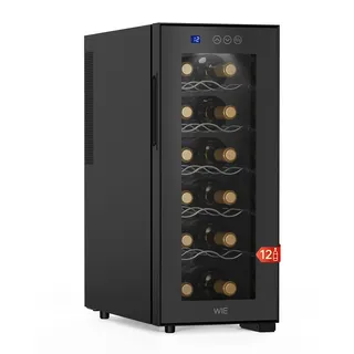 WIE Weinkühlschrank 1 Zonen 33 Liter 12 Flaschen Getränkekühlschrank Weinschrank Klein Wein-Kühlschrank Mini mit Glastür Vollglas-Designtür mit LED Touchpanel Anti-UV Wine Fridge