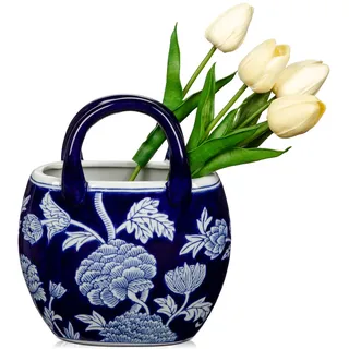 Hollyone 23 cm Keramik Blumenvase, Marineblau Weiß Vase für Blumen, Klassische Keramikvasen mit Henkeln für Raumdekoration, Handtaschenvase Deko für Büro, Haus, Tisch, Hochzeitsdekoration