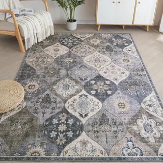 Xfrog Blumen Boho Rutschfester Waschbarer Teppich Klein Ultraweicher Antiker Teppich Wohnzimmer Niedriger Flor Flächenteppich für Schlafzimmer, Kinderzimmer 120 x 160 cm