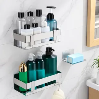 YIGII Duschablage ohne Bohren, 3 Stück Edelstahl Duschregal, Silber | Große Ablagefläche, Selbstklebende Montage, Mit Seifenschale & 4 Haken, Für Dusche, Küche und Waschbecken