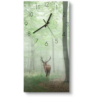 DEQORI Glasuhr | horizontal 30x60 cm | Motiv Hirsch zwischen Bäumen | große XXL Design Uhr aus Glas | leise Wanduhr für Wohnzimmer & Küche | moderne Hingucker Uhr für die Wand