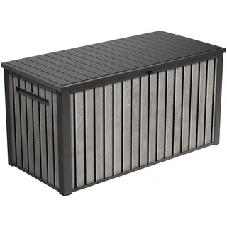 Keter Signature Aufbewahrungsbox 643L Venetian grau – Wetterfeste Gartenbox in Holzoptik mit Sitzfunktion & Gasdruckfedern – UV-beständige Kissenbox, abschließbar - 145x70,6x73,8cm