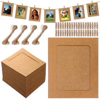 lakudayy 40 Stück Fotogirlande, 11.5 * 15.5 cm Fotorahmen für Mehrere Fotos aus Pappe, Fotoleine mit Klammern, DIY Bilderrahmen Wanddekoration für Hochzeit Party Jubiläum Deko Foto Banner (Cowhide)
