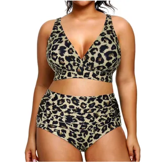 Yonique Womens Plus Size Bikini Swimsuits High Waisted Swimwear Tummy Control Two Piece Bathing Suits Leopard 18Plus